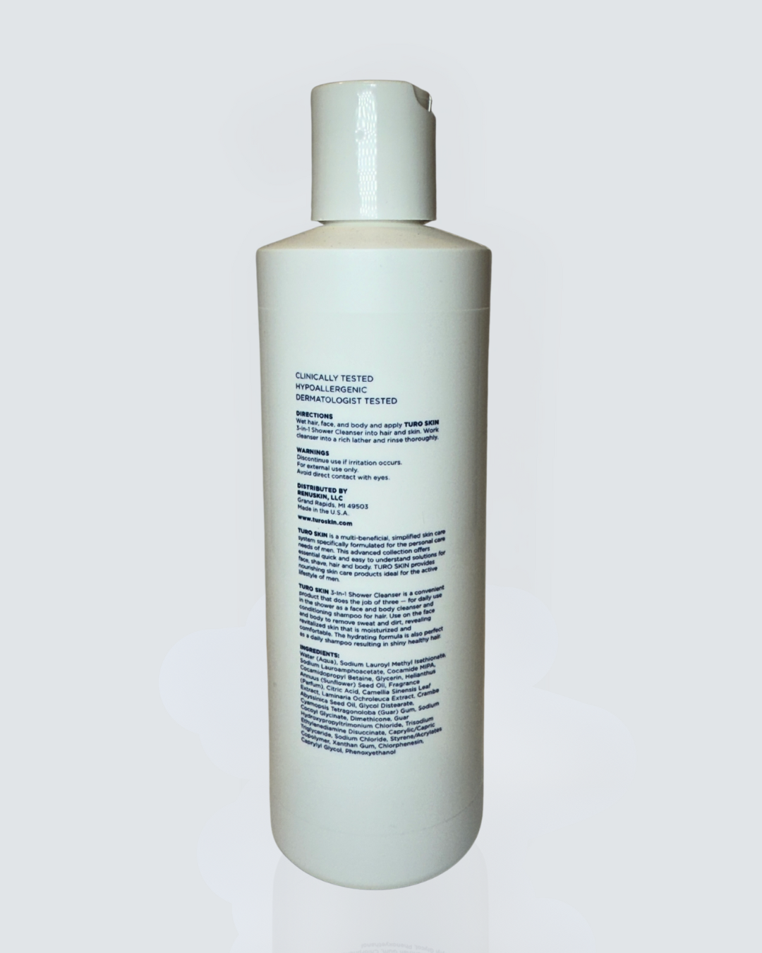 White bottle with text on a light gray background