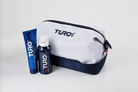 TuroSkin Essential Grooming Kit for unisex skincare, featuring core grooming products in a sleek dopp bag.