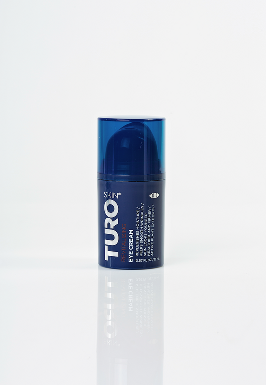 TuroSkin Revitalizing Eye Cream for dark circles and puffiness—vegan, unisex formula in sleek packaging.
