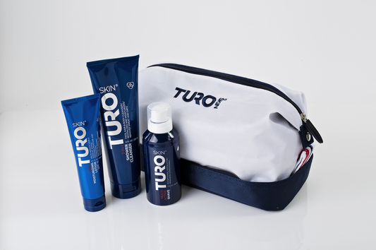 TuroSkin Urban Essentials Kit with 3-in-1 Cleanser, Shave Cream, and SPF 15 Moisturizer in a sailcloth bag.