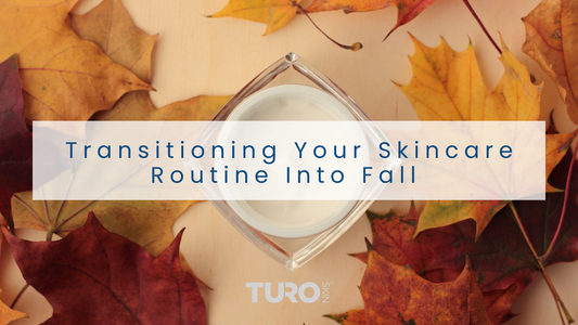 TuroSkin skincare products styled with fall leaves and cozy autumn background