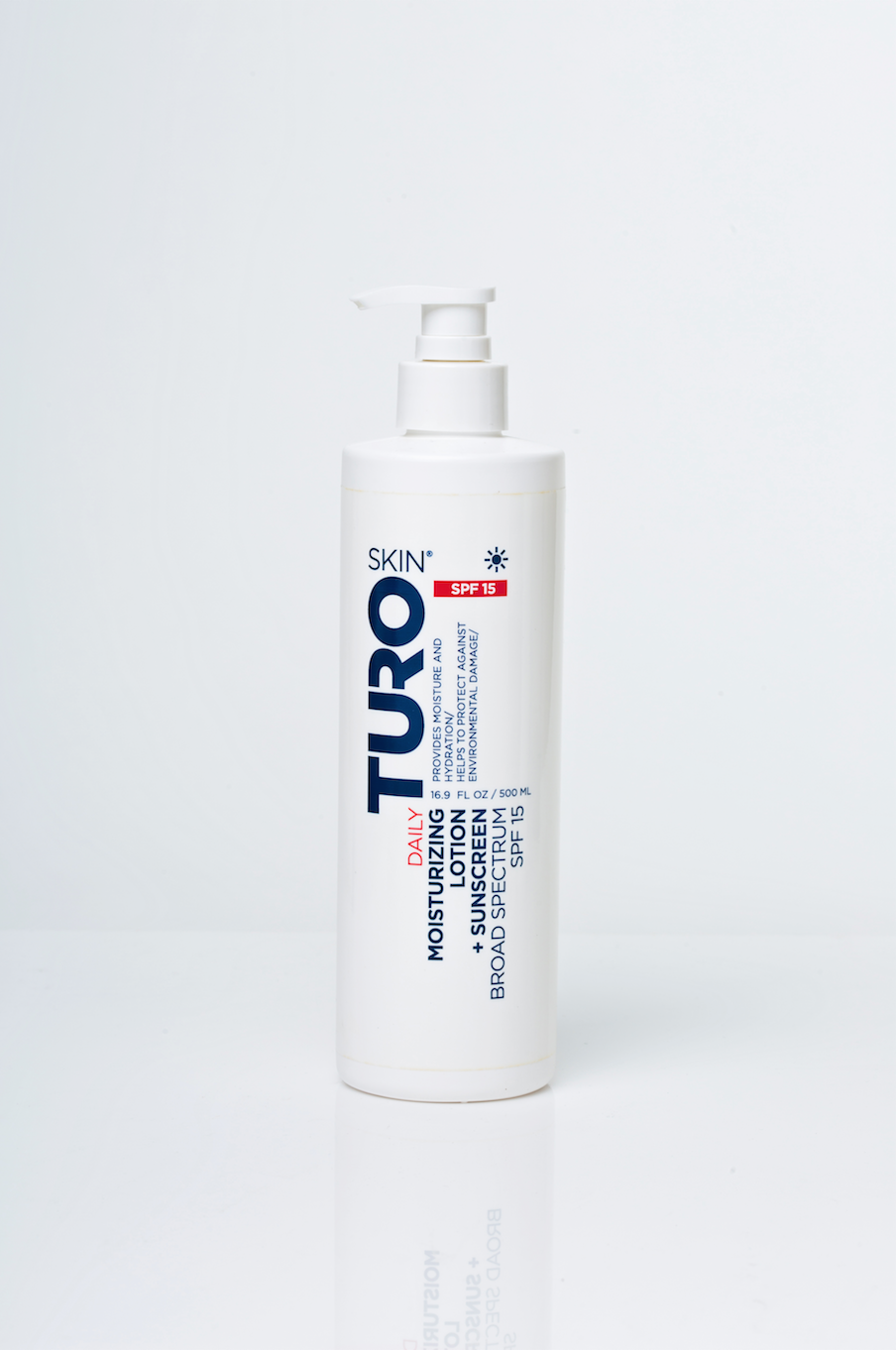 TuroSkin Daily Defense Moisturizer with SPF 15 in 32 oz bottle—unisex, vegan skincare for daily sun protection.