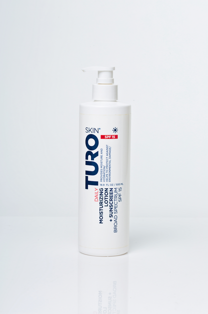 TuroSkin Daily Defense Moisturizer with SPF 15 in 32 oz bottle—unisex, vegan skincare for daily sun protection.