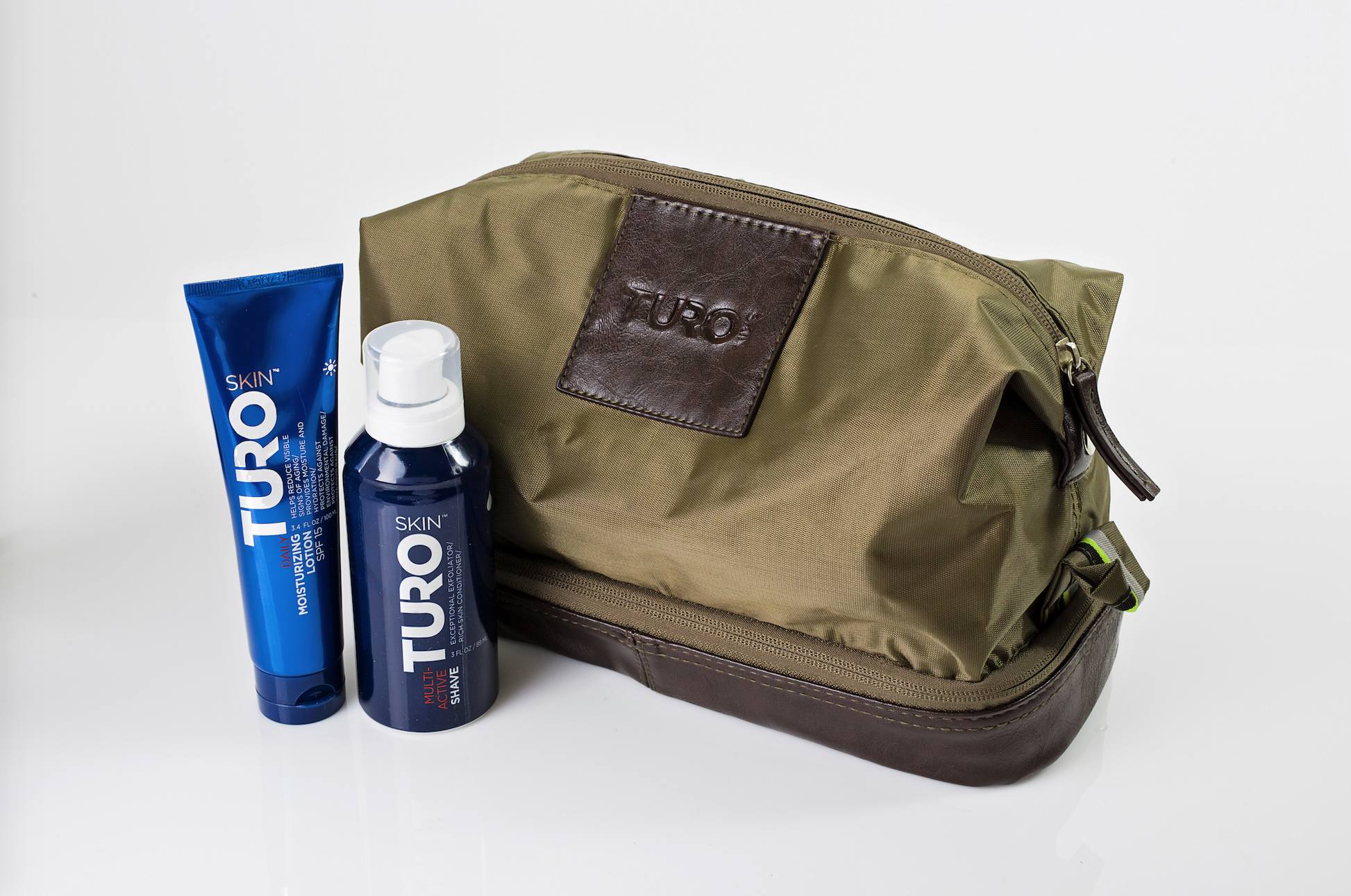 TuroSkin Skincare Essentials Kit in army green dopp bag—unisex set featuring daily grooming and skincare must-haves.