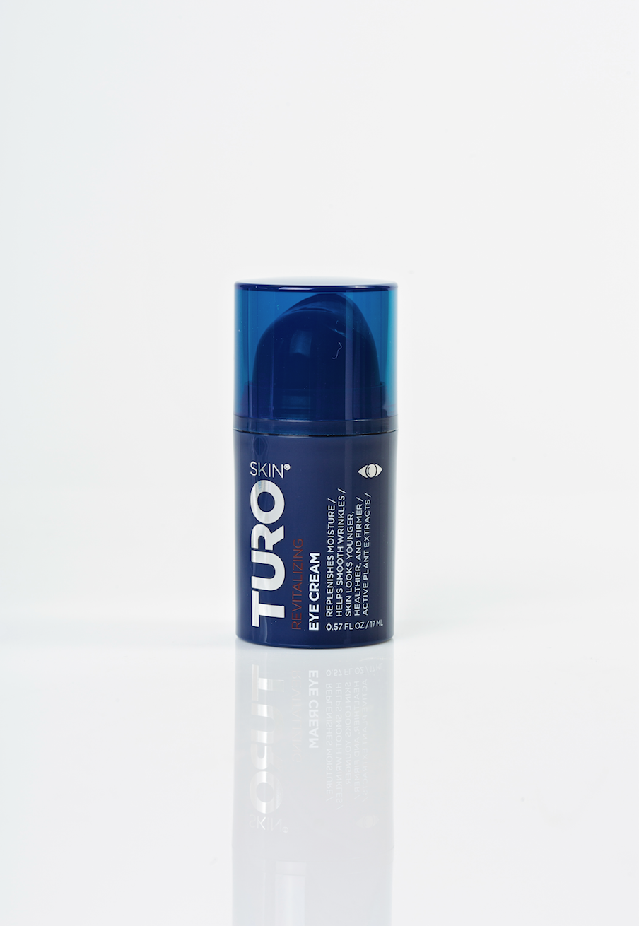 TuroSkin Revitalizing Eye Cream for dark circles and puffiness—vegan, unisex formula in sleek packaging.