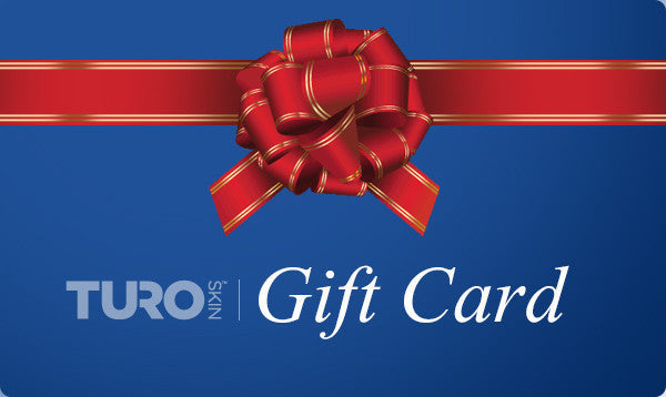 A graphic image of a TuroSkin gift card with a red ribbon and bow on a blue background.